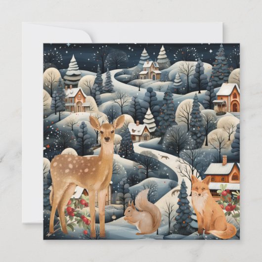 Winter Scene Kerstmis Woodland Dieren Flat Bedankkaart (Voorkant)
