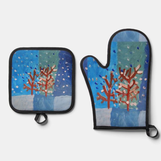 Winter Scene "Kunst voor kinderen" Ovenwant & Pannenlap Set (Voorkant)