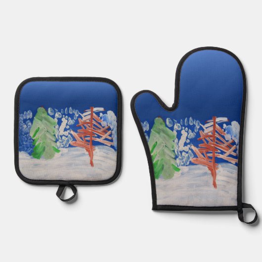 Winter Scene "Kunst voor kinderen" Ovenwant & Pannenlap Set (Voorkant)