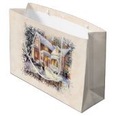 Winter Scene met Cottage en Sneeuwman Groot Cadeauzakje (Achterkant Gekanteld)