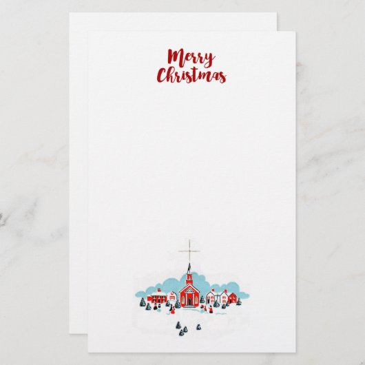 Winter Scene met een Rode Kerk en kerstster Briefpapier (Voorkant / Achterkant)