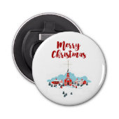 Winter Scene met een Rode Kerk en kerstster Button Flesopener (Voorkant)