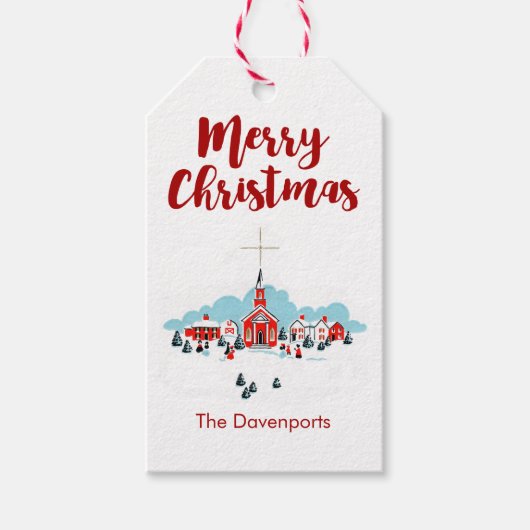 Winter Scene met een Rode Kerk en kerstster Cadeaulabel (Voorkant)