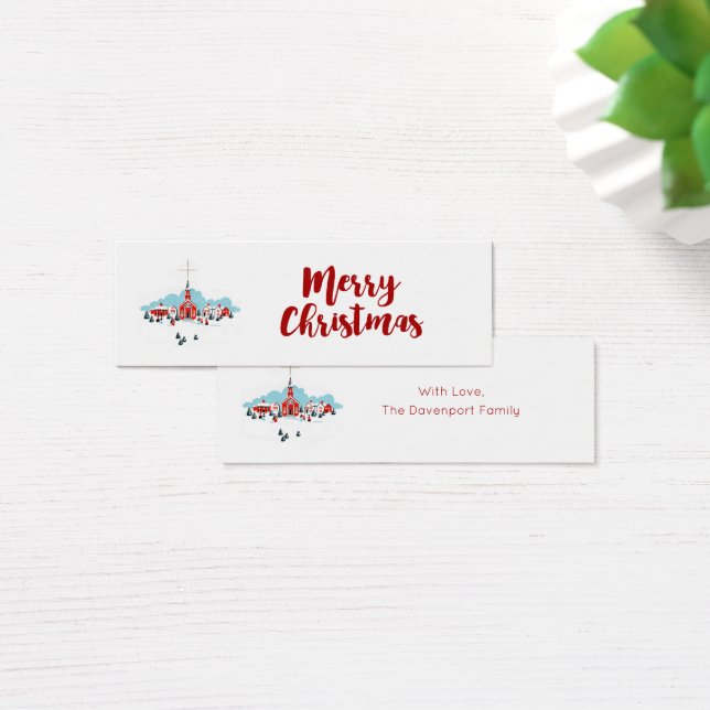 Winter Scene met een Rode Kerk en kerstster Mini Visitekaartjes (Bureau)