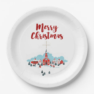 Winter Scene met een Rode Kerk en kerstster Papieren Bordje