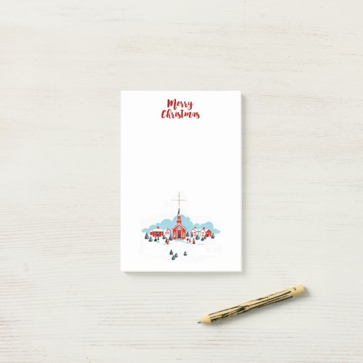 Winter Scene met een Rode Kerk en kerstster Post-it® Notes (Op bureau)