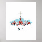 Winter Scene met een Rode Kerk en kerstster Poster (Voorkant)
