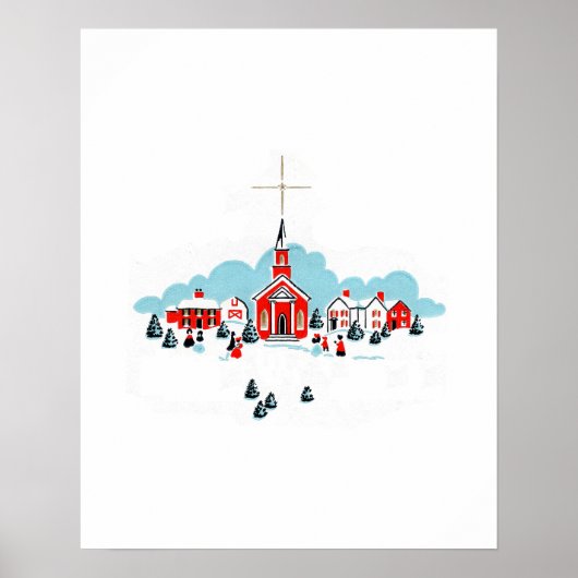 Winter Scene met een Rode Kerk en kerstster Poster (Voorkant)