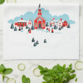 Winter Scene met een Rode Kerk en kerstster Theedoek (Gevouwen)