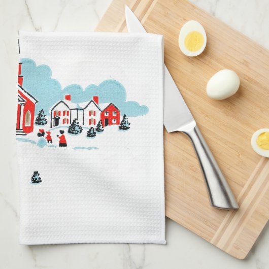 Winter Scene met een Rode Kerk en kerstster Theedoek (Quarter Fold)