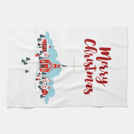 Winter Scene met een Rode Kerk en kerstster Theedoek (Horizontaal)