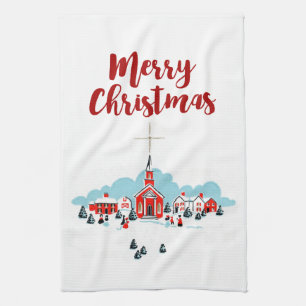 Winter Scene met een Rode Kerk en kerstster Theedoek