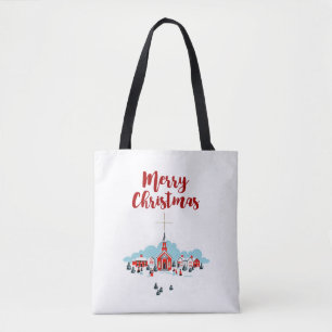 Winter Scene met een Rode Kerk en kerstster Tote Bag