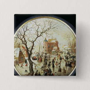 Winter Scene met Skaters nabij een kasteel Vierkante Button 5,1 Cm