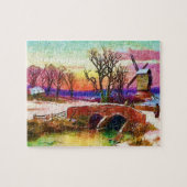 Winter Scene met windmolen en Stone Bridge Art Legpuzzel (Horizontaal)