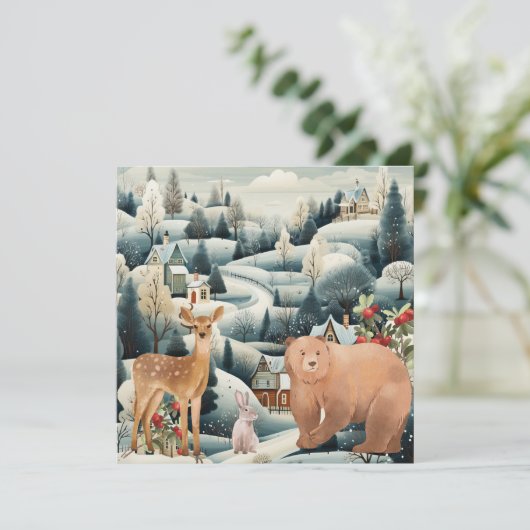 Winter Scene met Woodland Animals Kerst Flat Feestdagenkaart (Staand voorkant)