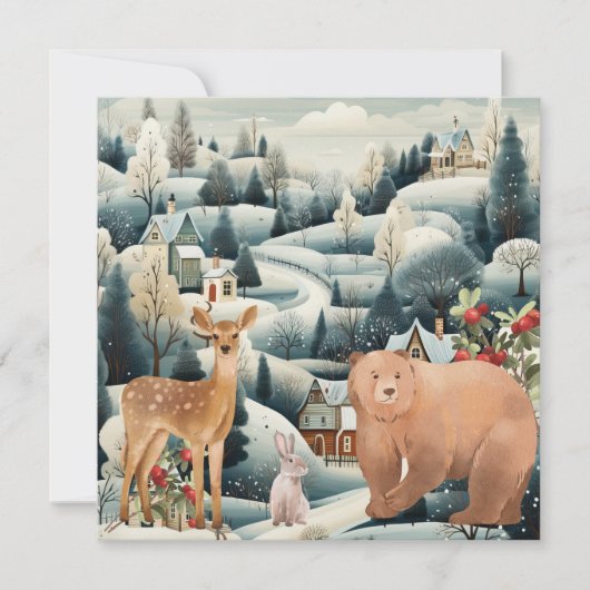Winter Scene met Woodland Animals Kerst Flat Feestdagenkaart (Voorkant)