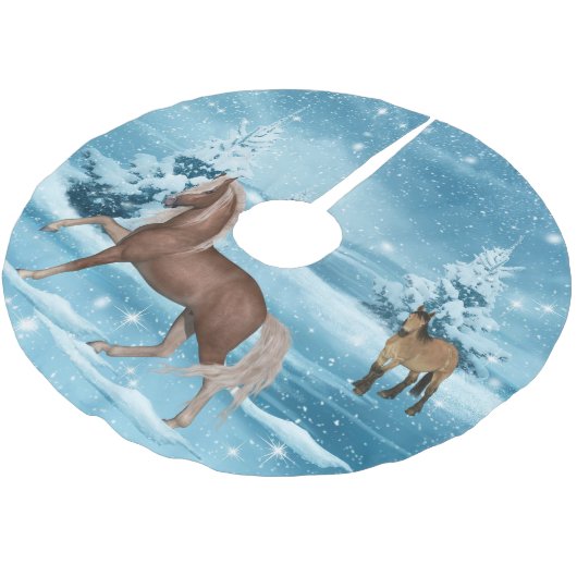 Winter Scene-paarden sneeuw en bomen 3 Kerstboom Rok (Gekanteld)