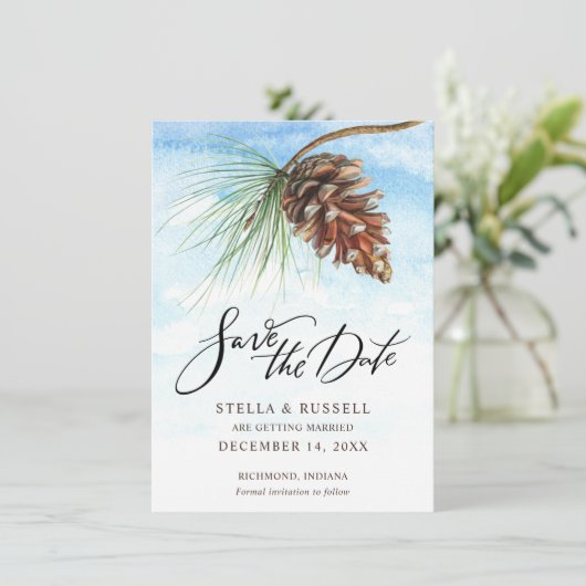 Winter Scene Pinecone Waterverf Save the Date (Staand voorkant)