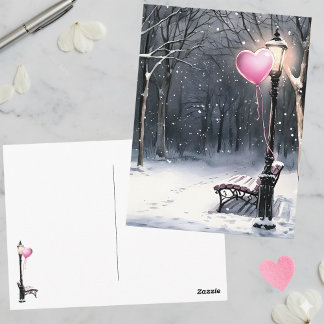Winter Scene Pink Heart Balloon Valentine's Day Briefkaart