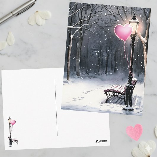 Winter Scene Pink Heart Balloon Valentine's Day Briefkaart