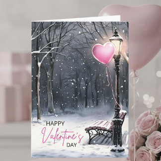 Winter Scene Pink Heart Balloon Valentine's Day Kaart