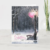 Winter Scene–Pink Hearts Happy Valentine's Day Kaart (Voorkant)