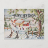  Winter Scene Rabbit Village Snowman Whimsy Feestdagenkaart (Voorkant)