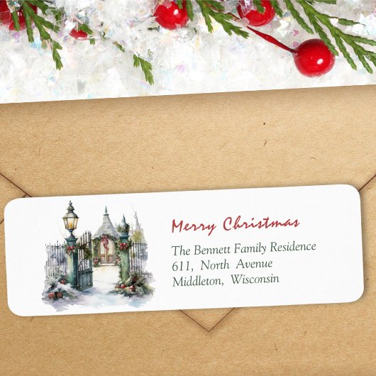 Winter Scene Rood groen gebladerte Kerstadres Etiket