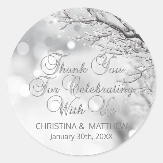 Winter Scène Sneeuw Sneeuwvlokken Dank je bruiloft Ronde Sticker (Voorkant)