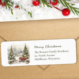 Winter Scene Snow Pine Greenery Kerst Terug Etiket