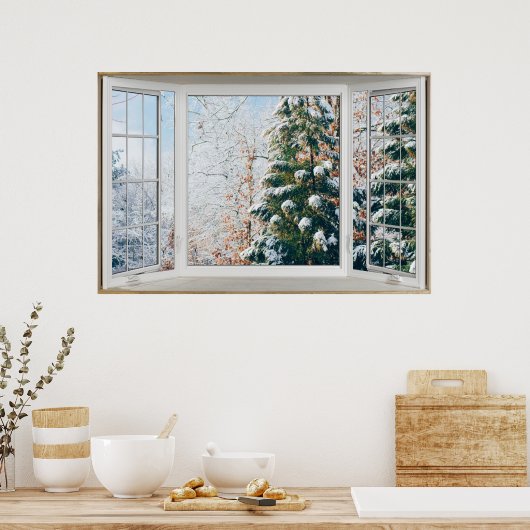Winter Scene White Bay Window Illusion Poster (Keuken)