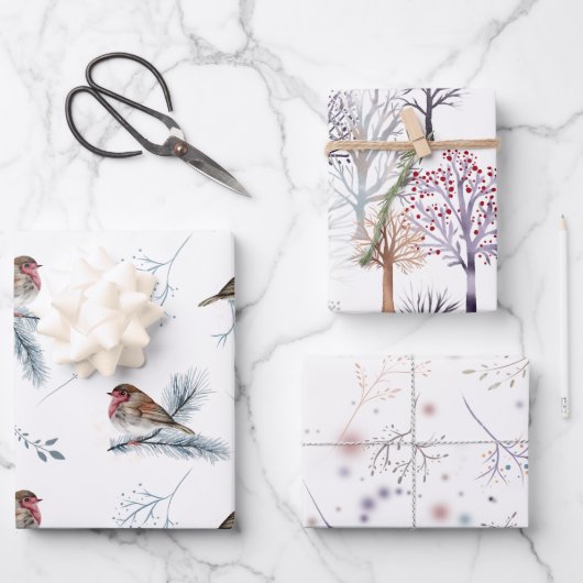 Winter Scenes Birds Trees Branches Snow Kerstmis Inpakpapier Vel (Voorkant)