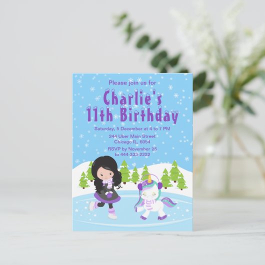 Winter Schaatsen Verjaardag Zwart Haar Meisje Post Briefkaart (Staand voorkant)