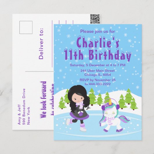 Winter Schaatsen Verjaardag Zwart Haar Meisje Post Briefkaart (Voorkant / Achterkant)