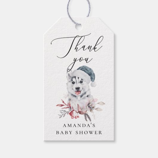 Winter schattige husky hond Dier Baby shower dank  Cadeaulabel (Voorkant)