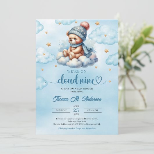 Winter schattige teddybeer wolk negen Boy Baby sho Kaart (Staand voorkant)