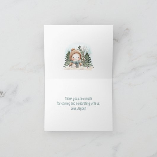 Winter Schattigee Blue Snowman Boy 1e Verjaardag Bedankkaart (Binnen)