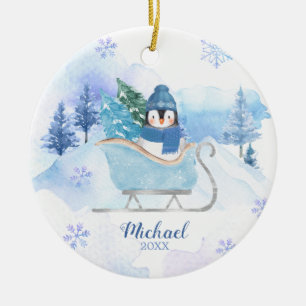 Winter Schattigee Pinguïn Blauwe Sneeuwvlokken Ber Keramisch Ornament