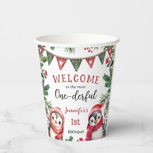 Winter Schattigee Pinguïn Kerstmis 1e Verjaardag Papieren Bekers (Achterkant)