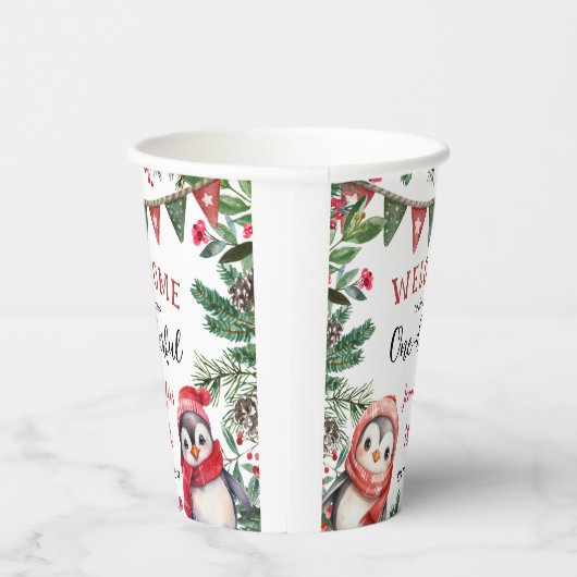 Winter Schattigee Pinguïn Kerstmis 1e Verjaardag Papieren Bekers (Rechts)