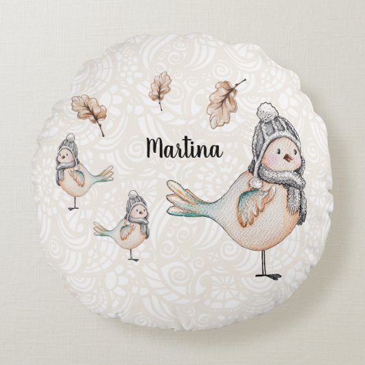 Winter Schattigee Sparrow Illustratie Gepersonalis Rond Kussen (Voorkant)