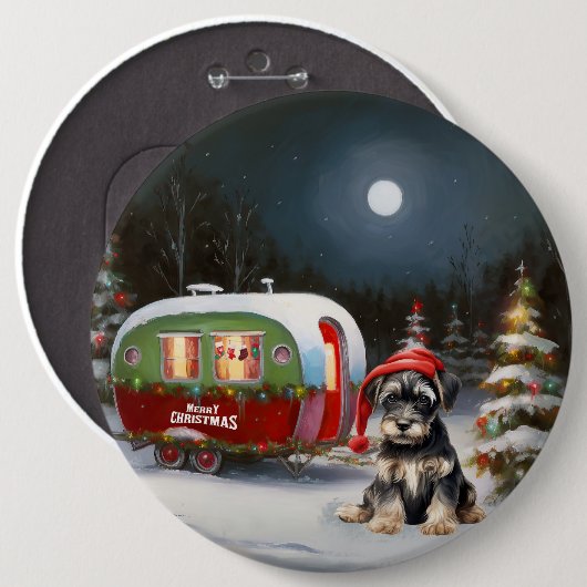 Winter Schnauzer Caravan Kerstavontuur Ronde Button 6,0 Cm (Voorkant /achterkant)