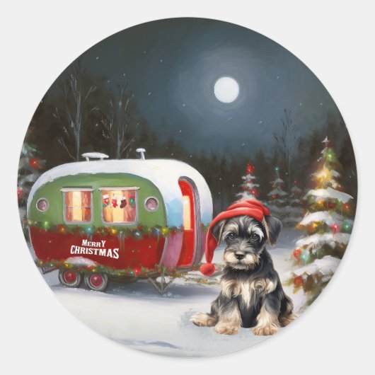 Winter Schnauzer Caravan Kerstavontuur Ronde Sticker (Voorkant)