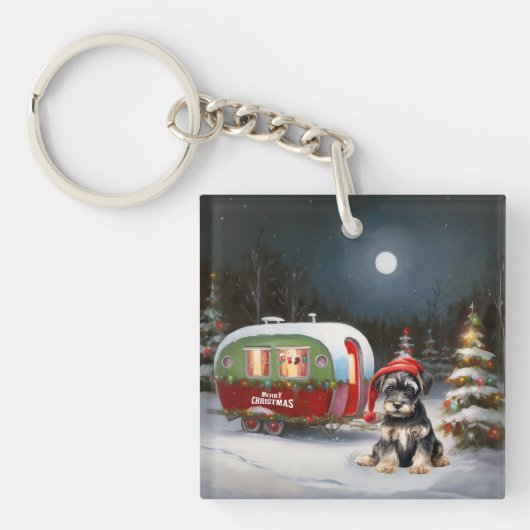 Winter Schnauzer Caravan Kerstavontuur Sleutelhanger (Voorkant)