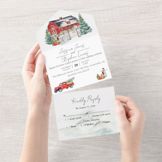 Winter Schuur Kerstsneeuw All In One Uitnodiging (Afscheurbaar)