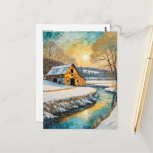 winter schuur langs de beek briefkaart