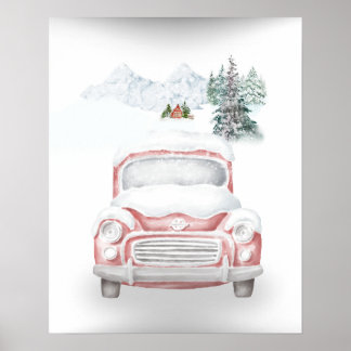 Winter Serenity: Snowy Mountain Landschap met Auto Poster