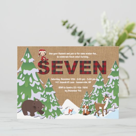 Winter Seven verjaardagsfeestje uitnodiging (Staand voorkant)