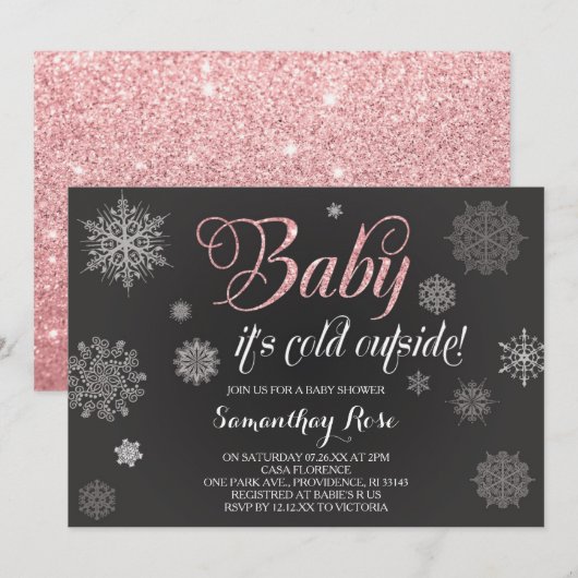 Winter Shower Invitation, Baby Roze Glitter Kaart (Voorkant / Achterkant)